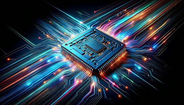 A microchip, with light trails streaming across its surface, representing the dynamic flow of data. The image highlights the remarkable advancements in computing and the ceaseless pulse of information