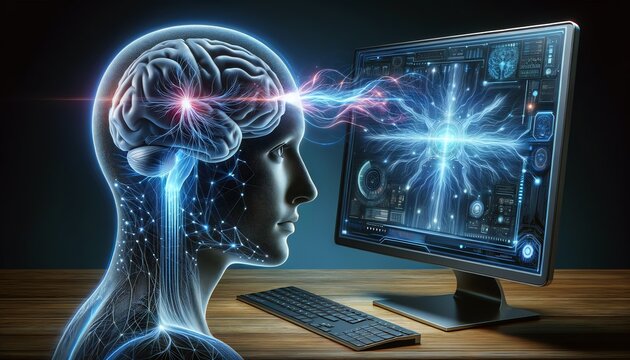 The convergence of the human brain and a computer, visualizing the cutting-edge concept of brain-computer interfaces.