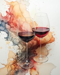 AI generated illustration of two wine glasses side by side against a watercolor background