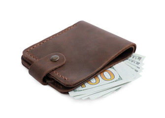 Stylish brown leather wallet with money isolated on white