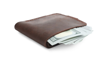 Stylish brown leather wallet with money isolated on white