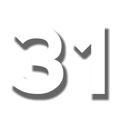 3D number 31 thirty one in white color sign symbol numbers for design elements isolated on transparent background