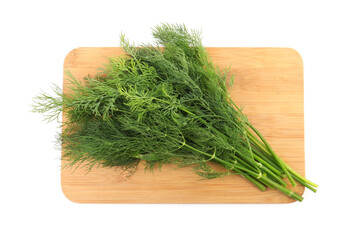 Wooden board with fresh dill isolated on white, top view