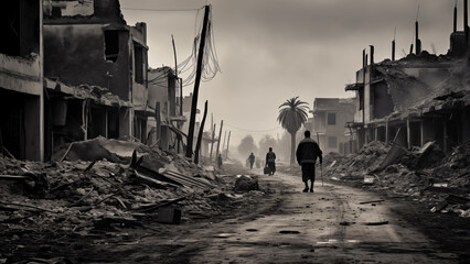 Fototapeta na wymiar Villages devastated by war and people in despair