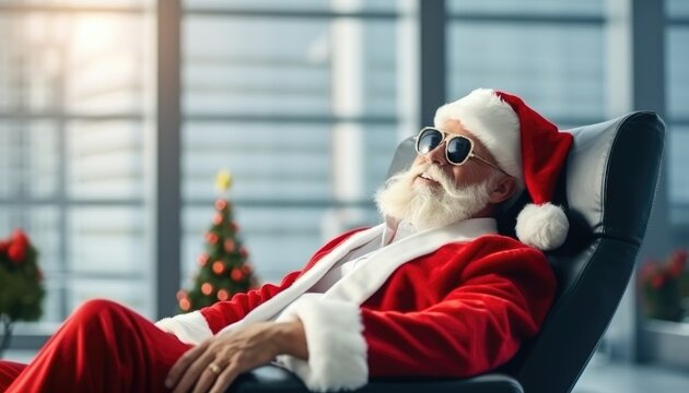 santa claus wearing sunglass and relax sitting on chair office. Santa Claus holiday vacation