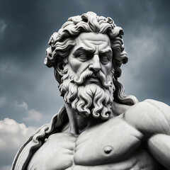 Handsome marble statue of powerful greek god Zeus over dark background, The powerful king of the gods in ancient Greek religion. - obrazy, fototapety, plakaty