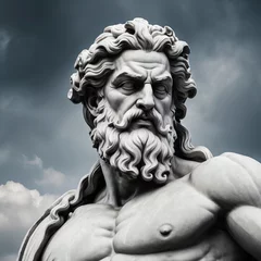 Stof per meter Handsome marble statue of powerful greek god Zeus over dark background, The powerful king of the gods in ancient Greek religion. © Cobe