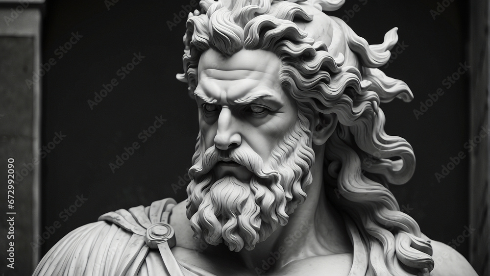 Wall mural handsome marble statue of powerful greek god zeus over dark background, the powerful king of the god