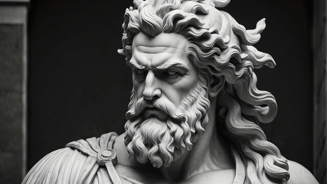 Handsome marble statue of powerful greek god Zeus over dark background, The powerful king of the gods in ancient Greek religion.