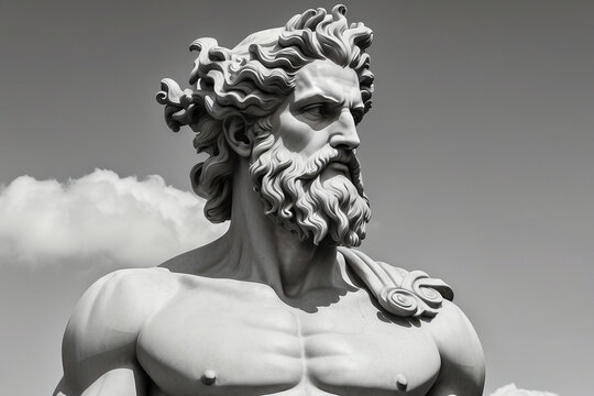 Handsome marble statue of powerful greek god Zeus over dark background, The powerful king of the gods in ancient Greek religion.