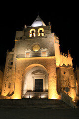 illuminated historic cathedral of Elvas at night, Portugal