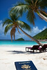 Passports on a tropical beach 