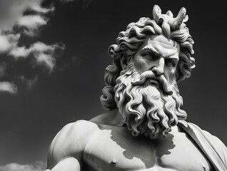Illustration of a Renaissance statue of Zeus, king of the gods. god of sky and thunder. Zeus the king of the Greek gods ready to hurl lightning bolts down upon the earth and mankind. - obrazy, fototapety, plakaty