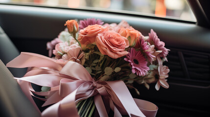 valentines bouquet in the car