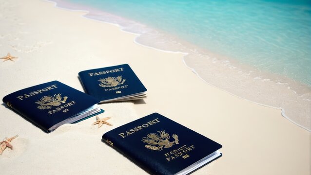 Passports on a tropical beach 