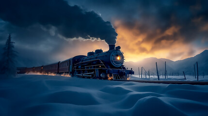 Illustration of the concept of Vintage polar express train traveling through snow covered north pole, Generative AI image