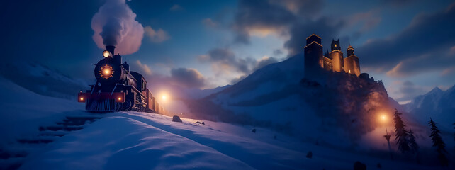 Illustration of the concept of Vintage polar express train traveling by historic fort on the hill, Generative AI image