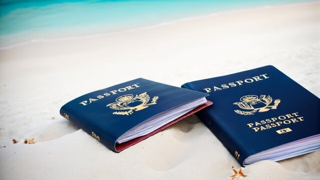 Passports on a tropical beach 