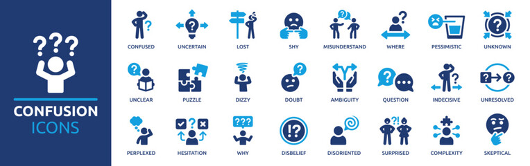 Confusion icon set. Containing confused, uncertain, lost, unclear, misunderstand, hesitation, ambiguity, perplexed and more. Solid vector icons collection.