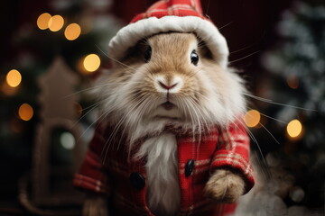 rabbit dressed in red closes, new year concept