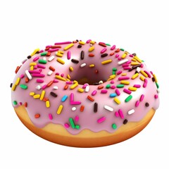 AI generated illustration of a pink doughnut topped with colorful sprinkles and glossy icing