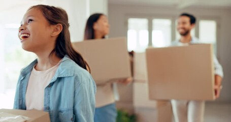 Property, moving and boxes with children or family in new home with investment for happiness with deal. Apartment, girl and excited together with parent are carrying cardboard with wow for mortgage.