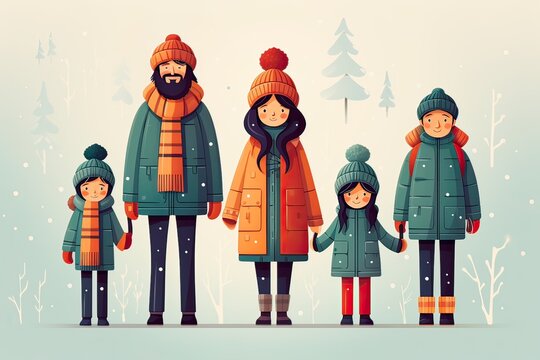 Happy Family Portrait Illustration, Winter Season. Flat Lay Design. Generative AI.