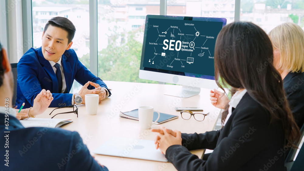 Poster seo search engine optimization for modish e-commerce and online retail business showing on computer 