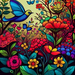 AI-generated illustration of abstract colorful flowers, with a bird flying around the flowers