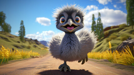 Fototapeta premium A baby ostrich cartoon character running 