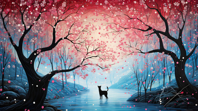 A painting of a cat standing in the middle of a forest full of red flowers