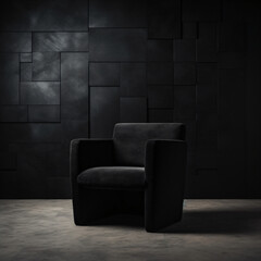 A black armchair in a dark room with a black wall