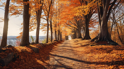 A painting of a dirt road surrounded by trees with orange leaves in autumn