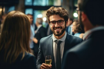 Charismatic businessman networking at a professional industry event.