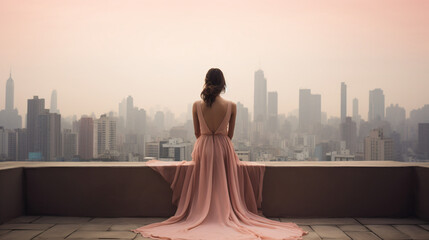 A woman in a pink dress sitting on the roof looking out over a city