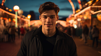 A happy young man walking on a pier at night