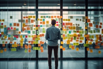 Innovative entrepreneur brainstorming with post-it notes on a glass wall.