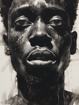 A black and white portrait painting of a black man's face suffering