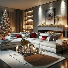 Elegant Christmas Living Room with White Sofa and Red Accents