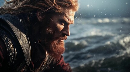 AI generated illustration of a Viking Warrior with long hair and a full beard