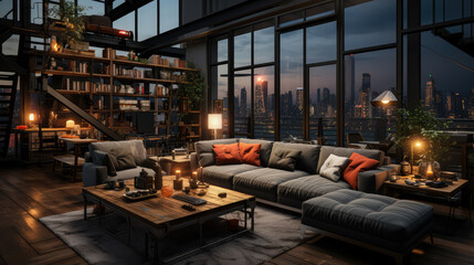 Modern Urban Living background: Small Apartment Room with a Cityscape View, lifestyle concept