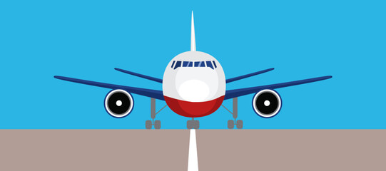 Front view of airplane with landing gear on runway. Plane vector illustration