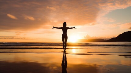 Woman practicing yoga on a serene beach at sunrise, Yoga practice, Generative Ai 