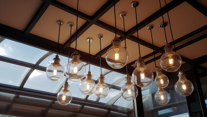 Fototapeta na wymiar Old style halogen lamps hanging from the ceiling of a modern cafe