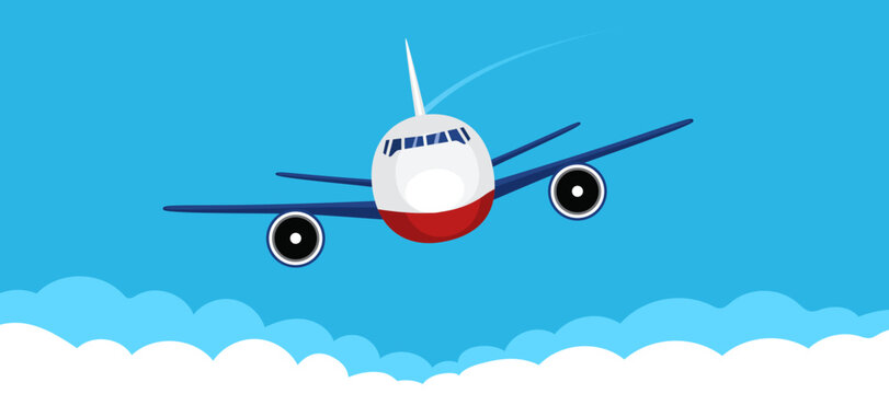Airplane front view illustration on sky background flying. Plane on cartoon flat style