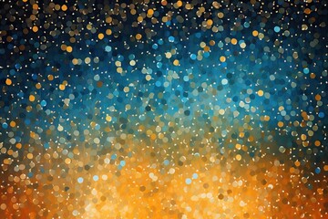 Abstract golden yellow and teal blue glitter lights background. Circle blurred bokeh. Festive...