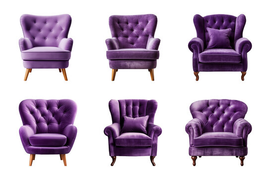 Comfortable purple armchair collection isolated on a transparent background. Interior element