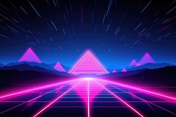 Futuristic retro background with rainbow comets and neon triangle. Abstract blue and pink light background, empty space scene. Speed of light in galaxy. Explosion in universe. Cosmic backdrop - obrazy, fototapety, plakaty