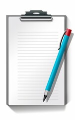 clip board with a blue pen and lined paper isolated on white