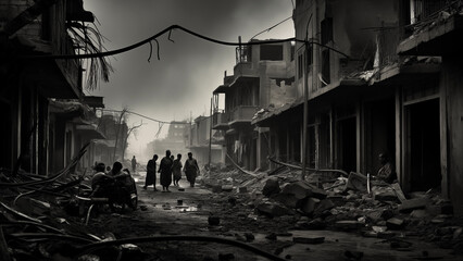 Villages reduced to ashes by battles and bombings and people in despair - obrazy, fototapety, plakaty